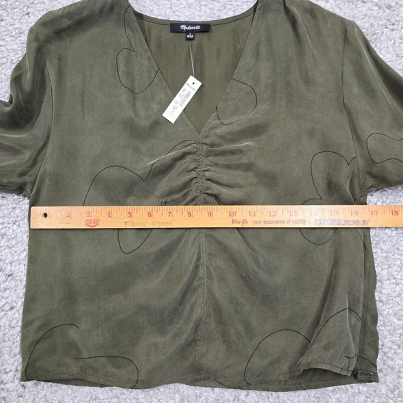 Madewell Brushed Ruched Front Top Womens 4 Green Long Sleeve Cupro V-Neck Earthy - Picture 9 of 12